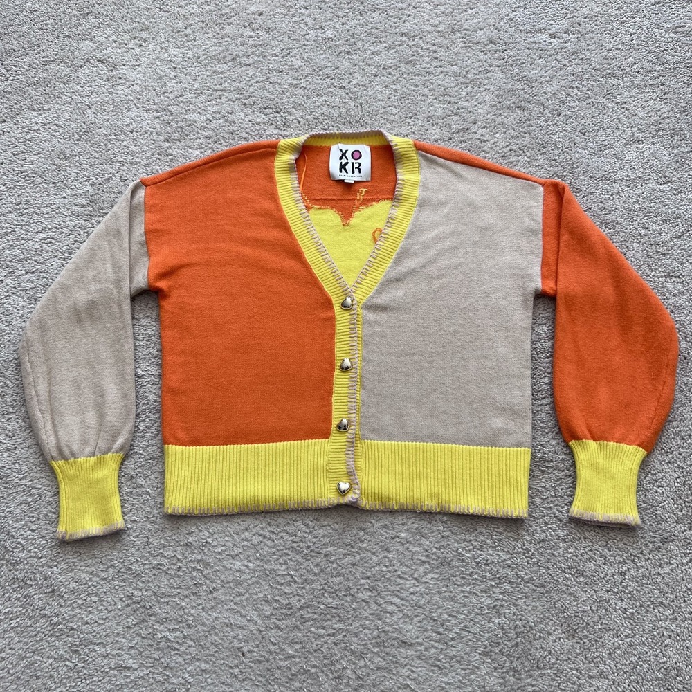 Kerri Rosenthal Colorblock Heart Cardigan Sweater Womens S Bright Button Knit